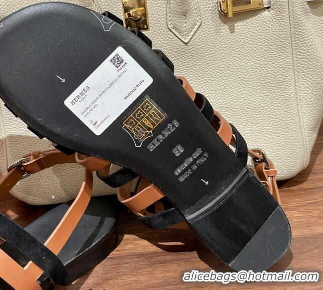 Top Grade Hermes Ephese Strap Flat Sandals in Swift Leather and Suede Brown/Black 022401