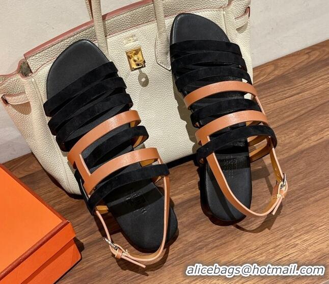 Top Grade Hermes Ephese Strap Flat Sandals in Swift Leather and Suede Brown/Black 022401