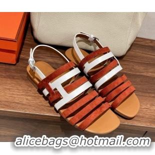 Trendy Design Hermes Ephese Strap Flat Sandals in Swift Leather and Suede Brown/White 022402 