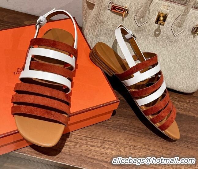 Trendy Design Hermes Ephese Strap Flat Sandals in Swift Leather and Suede Brown/White 022402 