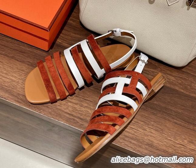 Trendy Design Hermes Ephese Strap Flat Sandals in Swift Leather and Suede Brown/White 022402 