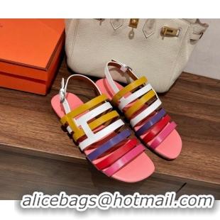 Sophisticated Hermes Ephese Strap Flat Sandals in Swift Leather Pink/Multicolor 022403