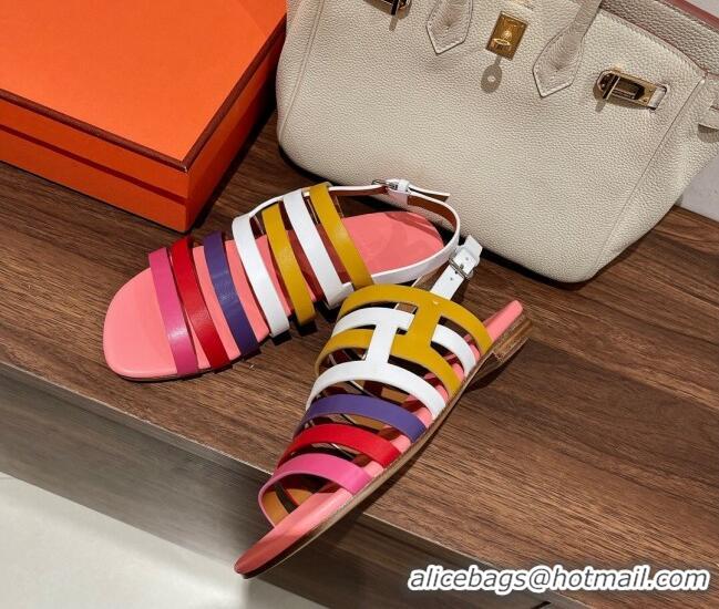 Sophisticated Hermes Ephese Strap Flat Sandals in Swift Leather Pink/Multicolor 022403