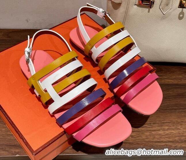 Sophisticated Hermes Ephese Strap Flat Sandals in Swift Leather Pink/Multicolor 022403