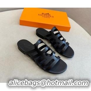 Stylish Hermes Camelia Flat Sandals in Calfskin All Black 022404