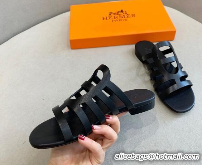 Stylish Hermes Camelia Flat Sandals in Calfskin All Black 022404