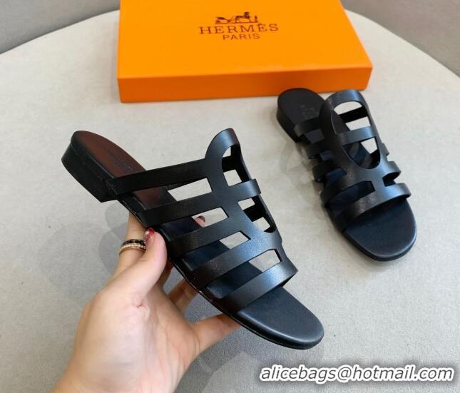 Stylish Hermes Camelia Flat Sandals in Calfskin All Black 022404