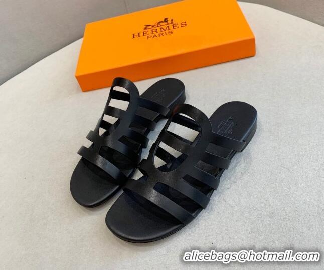 Stylish Hermes Camelia Flat Sandals in Calfskin All Black 022404