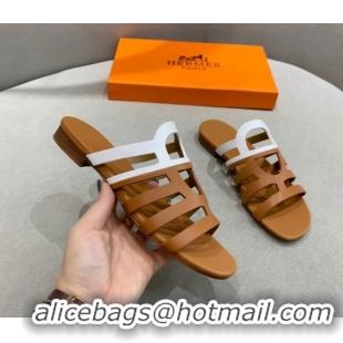 Low Price Hermes Camelia Flat Sandals in Calfskin Brown/White022405