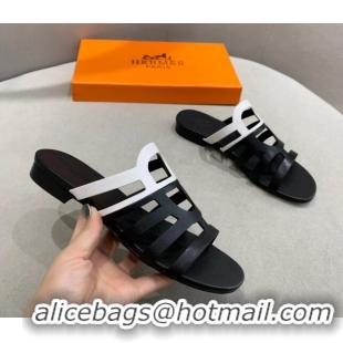 Good Looking Hermes Camelia Flat Sandals in Calfskin Black/White 022407