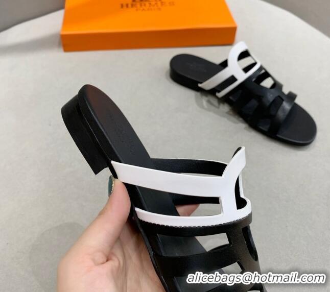 Good Looking Hermes Camelia Flat Sandals in Calfskin Black/White 022407