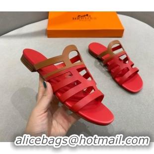 Best Price Hermes Camelia Flat Sandals in Calfskin Red/Brown 022408