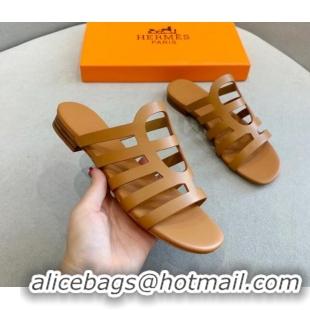 Hot Style Hermes Camelia Flat Sandals in Calfskin Brown 022409