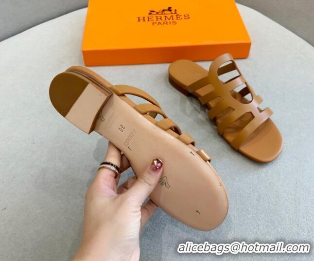 Hot Style Hermes Camelia Flat Sandals in Calfskin Brown 022409