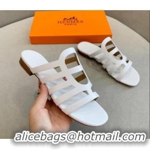 Best Product Hermes Camelia Flat Sandals in Calfskin White 022410