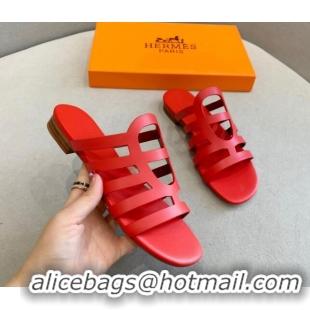 Sumptuous Hermes Camelia Flat Sandals in Calfskin Red 022411