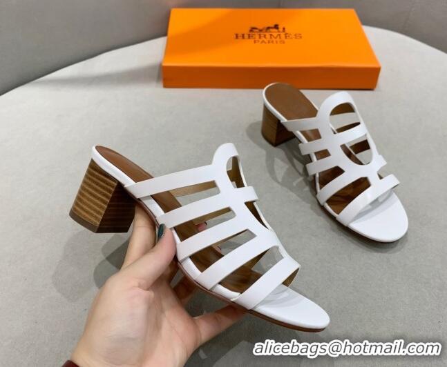 Stylish Hermes Camelia Medium Heel Sandals 5cm in Calfskin White 022412