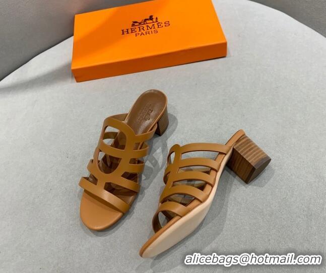 Low Cost Hermes Camelia Medium Heel Sandals 5cm in Calfskin Brown 022413