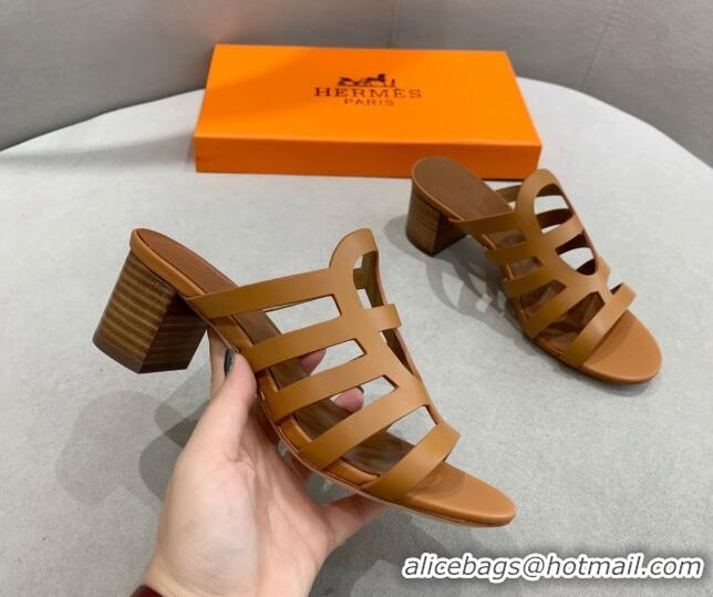 Low Cost Hermes Camelia Medium Heel Sandals 5cm in Calfskin Brown 022413