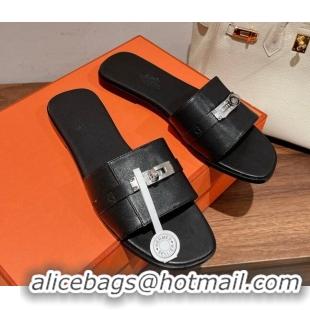 Fashion Luxury Hermes Giulia Flat Sandals in Calfskin Black 022420