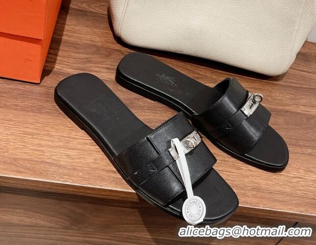 Fashion Luxury Hermes Giulia Flat Sandals in Calfskin Black 022420