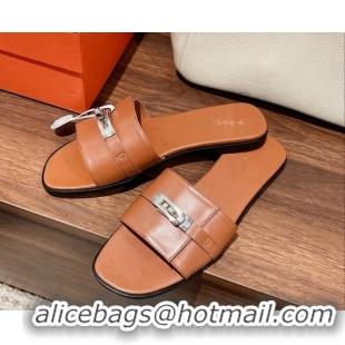 Purchase Hermes Giulia Flat Sandals in Calfskin Brown 022421