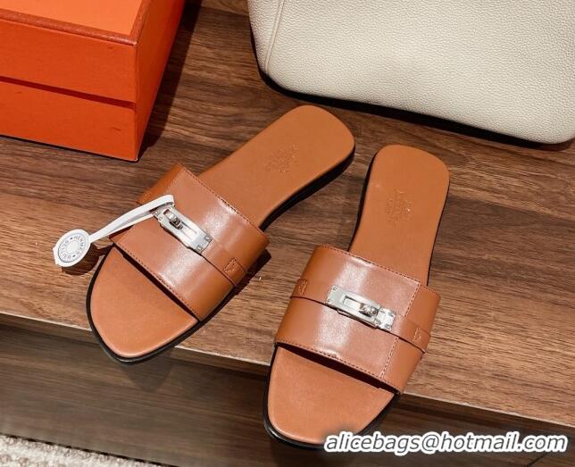 Purchase Hermes Giulia Flat Sandals in Calfskin Brown 022421