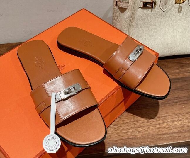 Purchase Hermes Giulia Flat Sandals in Calfskin Brown 022421