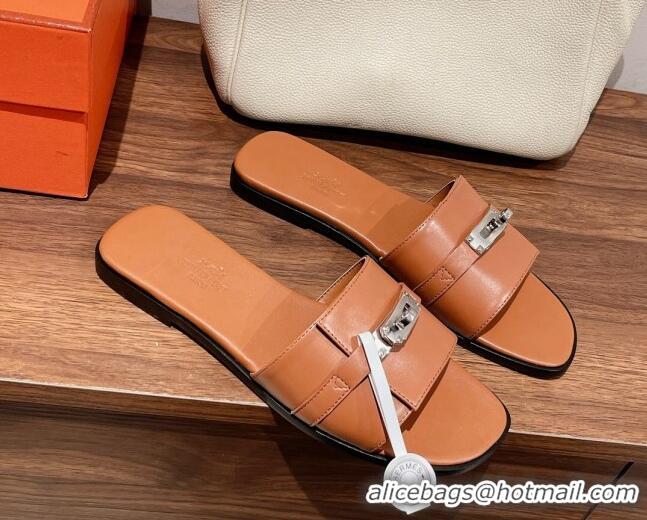 Purchase Hermes Giulia Flat Sandals in Calfskin Brown 022421