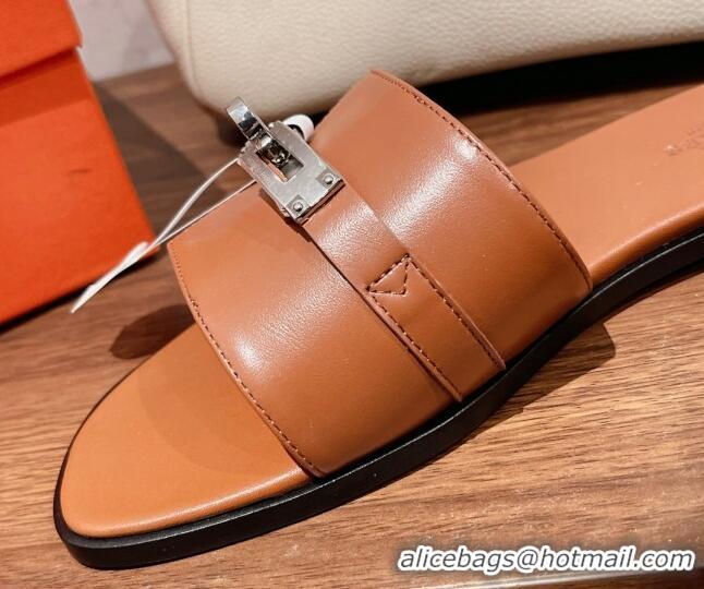 Purchase Hermes Giulia Flat Sandals in Calfskin Brown 022421