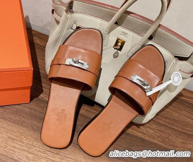 Purchase Hermes Giulia Flat Sandals in Calfskin Brown 022421