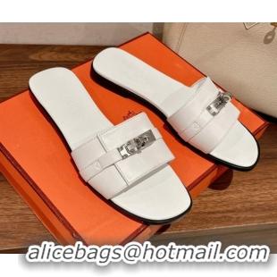 Unique Style Hermes Giulia Flat Sandals in Calfskin White 022422