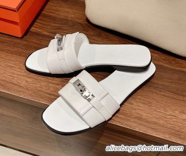 Unique Style Hermes Giulia Flat Sandals in Calfskin White 022422