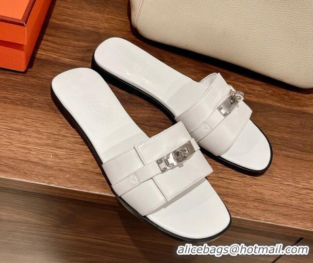 Unique Style Hermes Giulia Flat Sandals in Calfskin White 022422