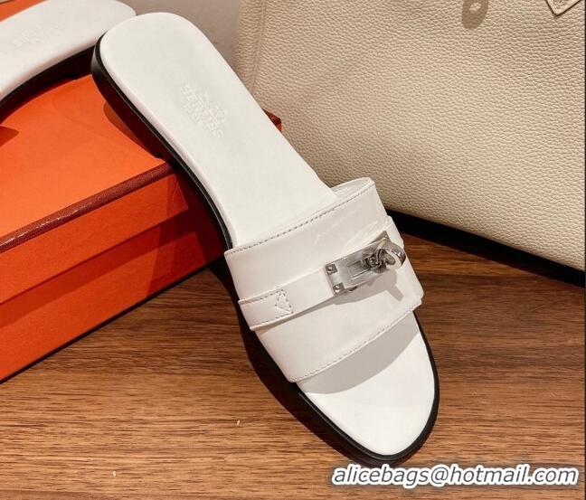 Unique Style Hermes Giulia Flat Sandals in Calfskin White 022422