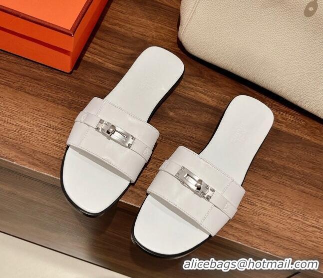 Unique Style Hermes Giulia Flat Sandals in Calfskin White 022422