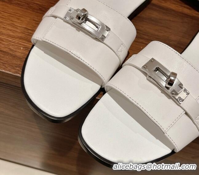 Unique Style Hermes Giulia Flat Sandals in Calfskin White 022422