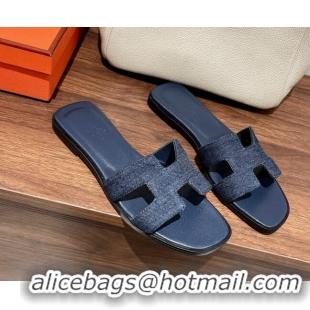 Classic Hot Hermes Classic Flat Slide Sandals in Blue Denim 022424