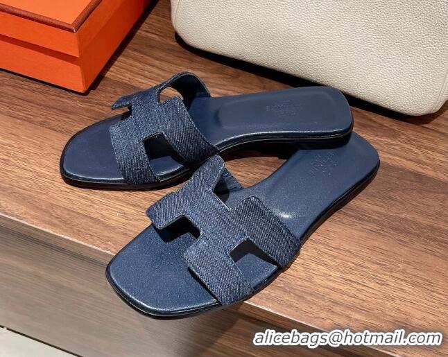 Classic Hot Hermes Classic Flat Slide Sandals in Blue Denim 022424