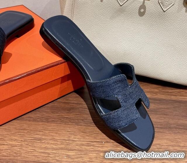 Classic Hot Hermes Classic Flat Slide Sandals in Blue Denim 022424