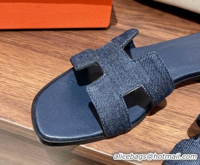 Classic Hot Hermes Classic Flat Slide Sandals in Blue Denim 022424