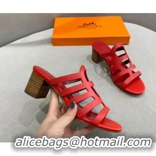 Stylish Hermes Camelia Medium Heel Sandals 5cm in Calfskin Red 022414