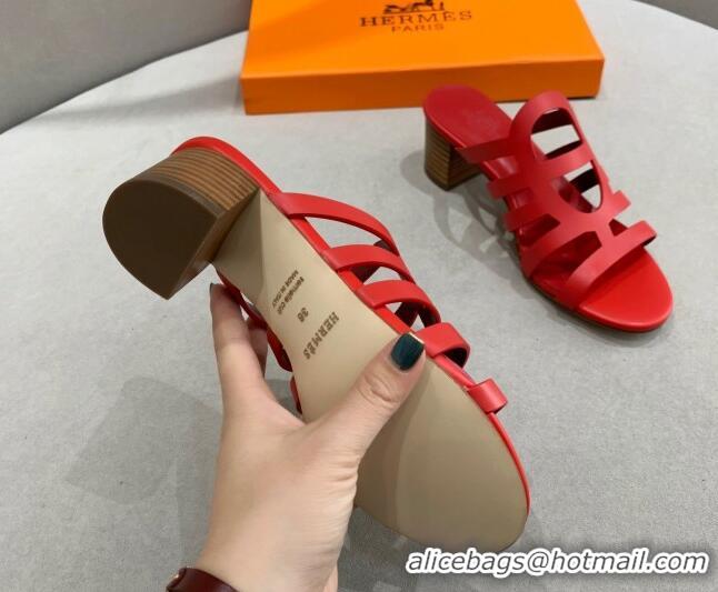 Stylish Hermes Camelia Medium Heel Sandals 5cm in Calfskin Red 022414