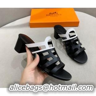 Good Quality Hermes Camelia Medium Heel Sandals 5cm in Calfskin Black/White 022415