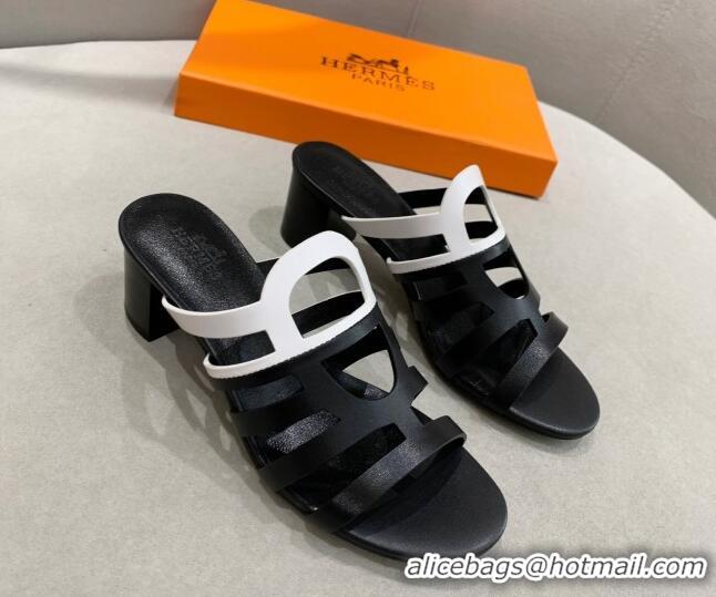 Good Quality Hermes Camelia Medium Heel Sandals 5cm in Calfskin Black/White 022415