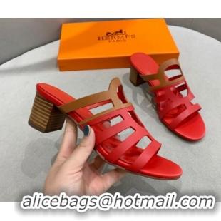 Unique Style Hermes Camelia Medium Heel Sandals 5cm in Calfskin Red/Brown 022416