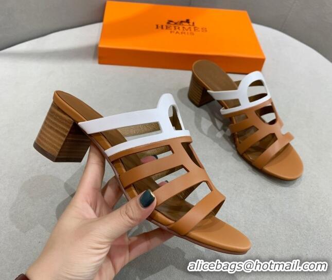 Good Looking Hermes Camelia Medium Heel Sandals 5cm in Calfskin Brown/White 022417