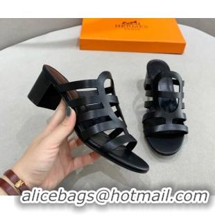 Good Product Hermes Camelia Medium Heel Sandals 5cm in Calfskin Black 022418