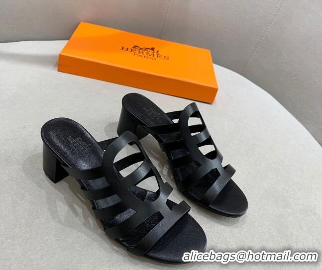 Good Product Hermes Camelia Medium Heel Sandals 5cm in Calfskin Black 022418