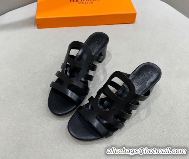 Good Product Hermes Camelia Medium Heel Sandals 5cm in Calfskin Black 022418